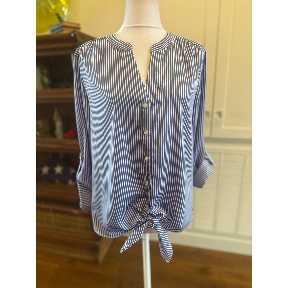 ANN TAYLOR Blue Striped Tie-Front Button Down Blouse Medium Nautical soft - Picture 5 of 11